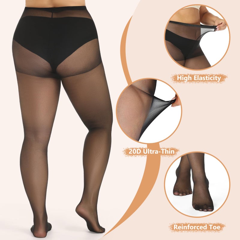 MANZI Women's Plus Size Pantyhose 4 Pairs Ultra Sheer Nylon Tights Black 3X - Image 4
